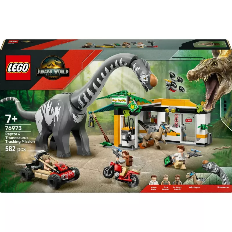 LEGO Jurassic World komplekts 76973 — Raptors un Titanosaurus ar 3 figūrām, 582 gabali, vecumam 7+