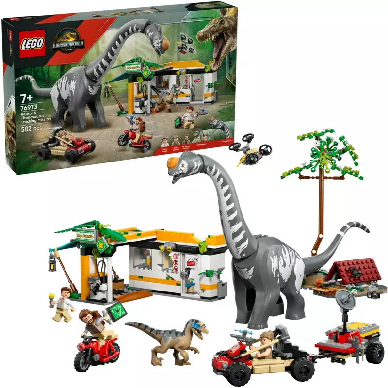 LEGO Jurassic World komplekts 76973 — Raptors un Titanosaurus ar 3 figūrām, 582 gabali, vecumam 7+