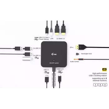 i-tec USB-C DP Dual HDMI Docking Station ar Power Delivery 100 W un Universāls Lādētājs 100W