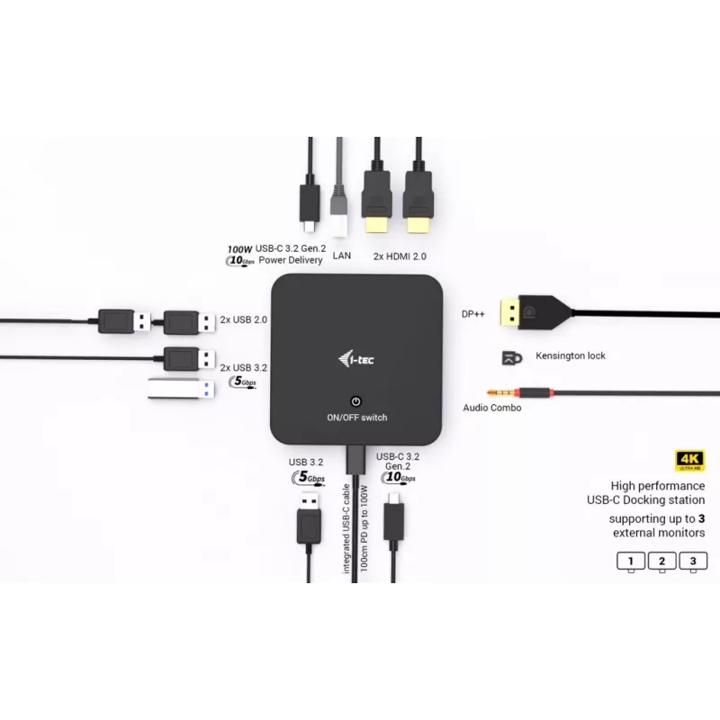 i-tec USB-C DP Dual HDMI Docking Station ar Power Delivery 100 W un Universāls Lādētājs 100W
