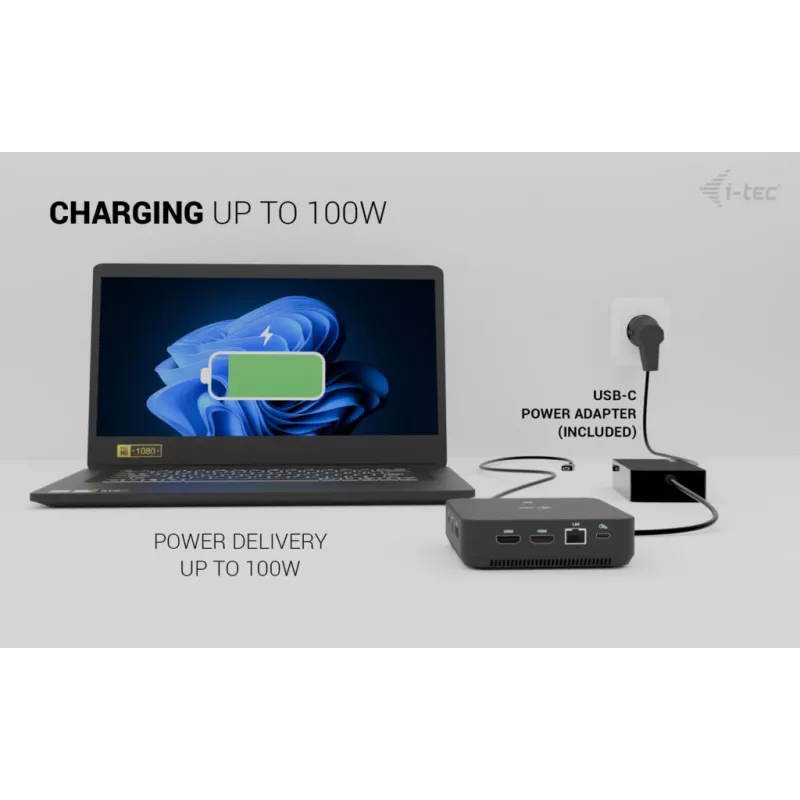 i-tec USB-C DP Dual HDMI Docking Station ar Power Delivery 100 W un Universāls Lādētājs 100W