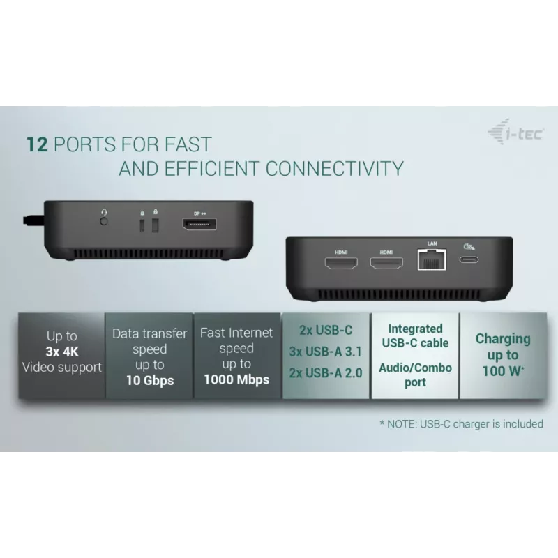 i-tec USB-C DP Dual HDMI Docking Station ar Power Delivery 100 W un Universāls Lādētājs 100W