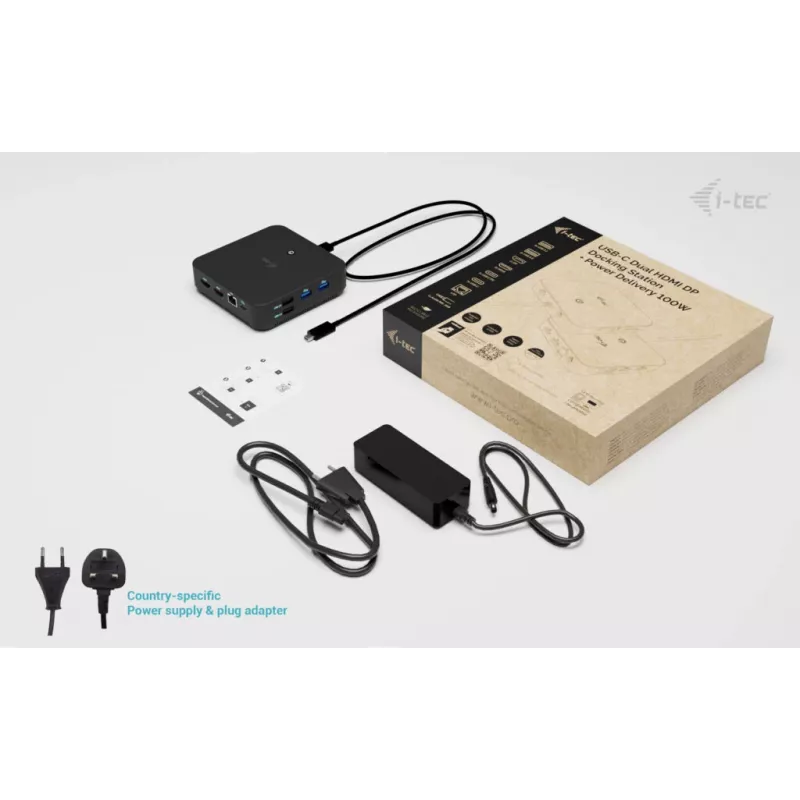 i-tec USB-C DP Dual HDMI Docking Station ar Power Delivery 100 W un Universāls Lādētājs 100W