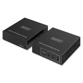 DIGITUS DA-73121 USB 3.2 Gen1 CAT pagarinātājs — 5 Gbps, 4 porti (3× USB-A, 1× USB-C), 100 m, DC barošana