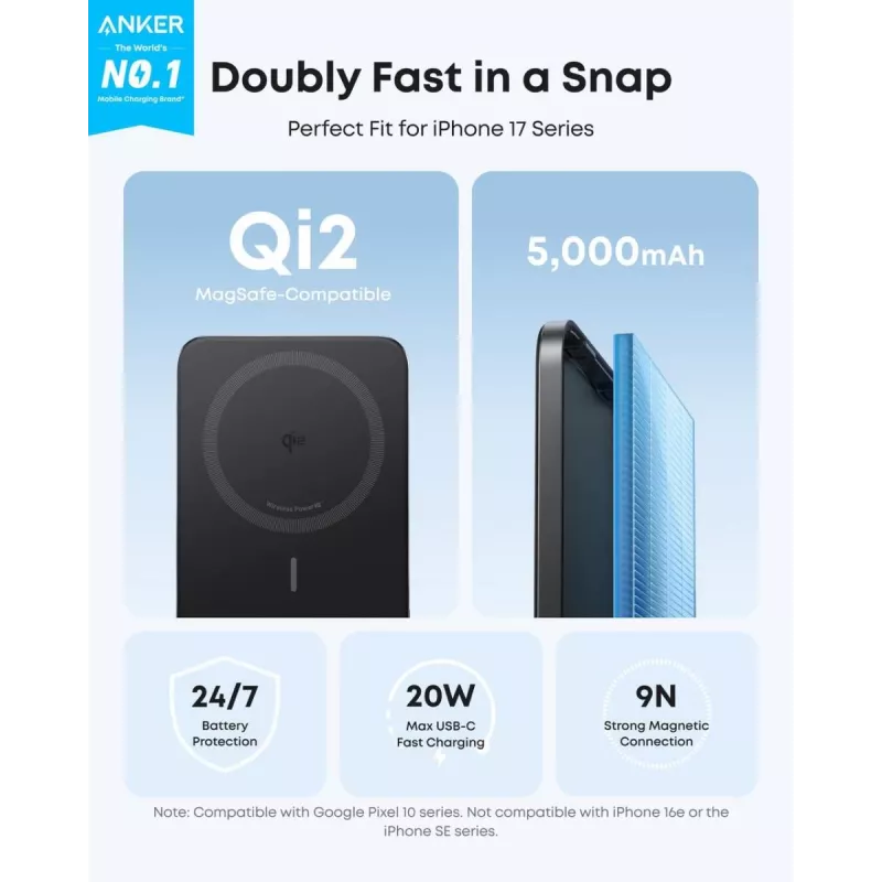 ANKER Nano Magnetic Wireless Power Bank 5000mAh 15W Melns