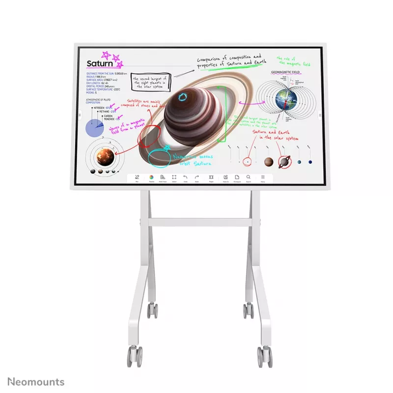 Neomounts FL50-515WH1 mobilais ratiņš Samsung Flip 55–65 collu displejiem, grozāms, augstumā regulējams, balts