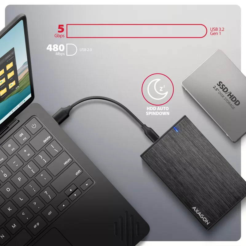 Axagon EE25-XA6C Ārējais disks 2.5 inch SSD/HDD ar USB-C 5Gbps alumīnija korpusā