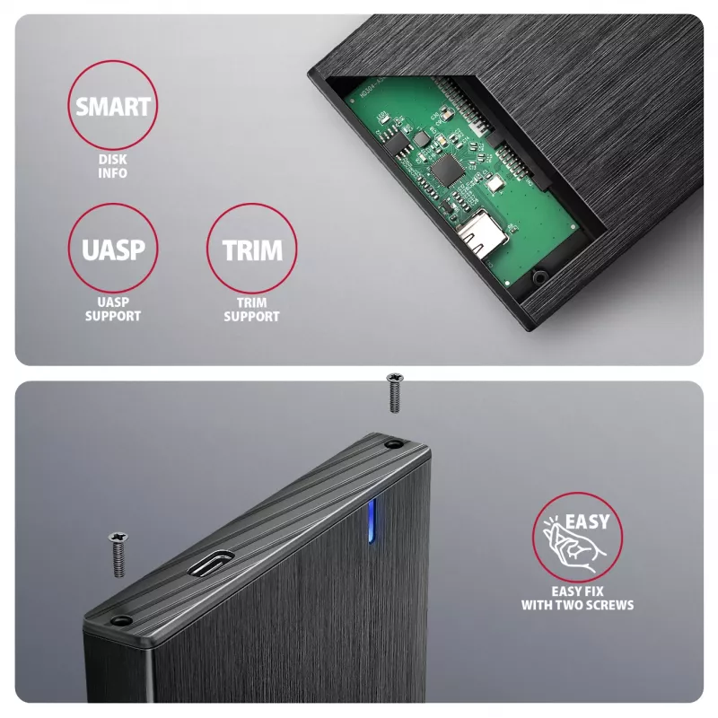 Axagon EE25-XA6C Ārējais disks 2.5 inch SSD/HDD ar USB-C 5Gbps alumīnija korpusā