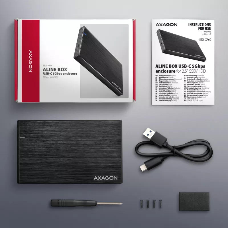 Axagon EE25-XA6C Ārējais disks 2.5 inch SSD/HDD ar USB-C 5Gbps alumīnija korpusā