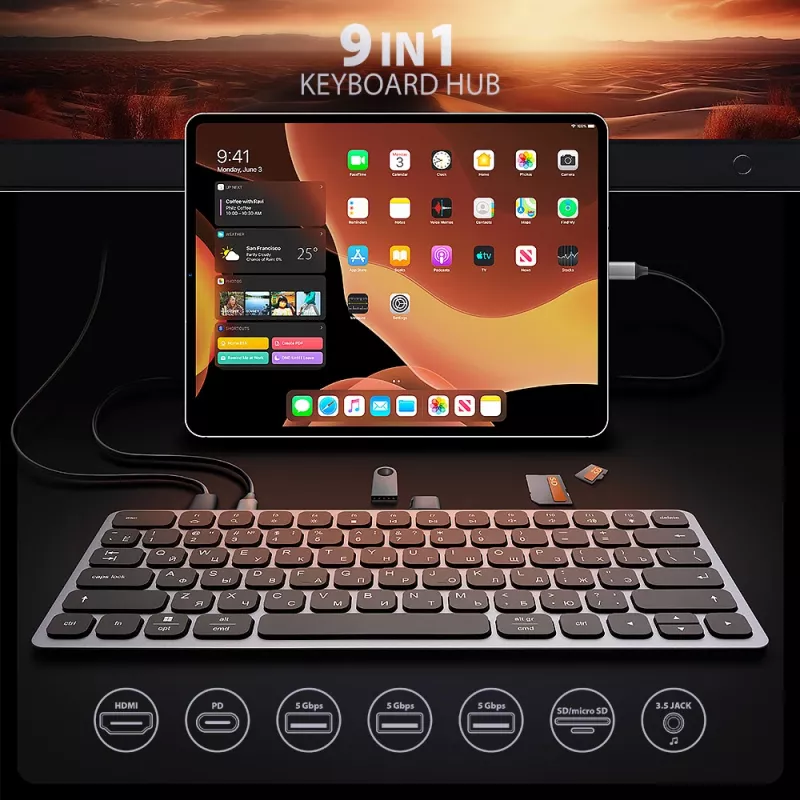 AXAGON HMC-KB-CRL USB 5Gbps centrmezgls ar tastatūru, HDMI 4K/60Hz, 3x USB-A, SD/mSD, audio, PD100, kirilicas izkārtojums