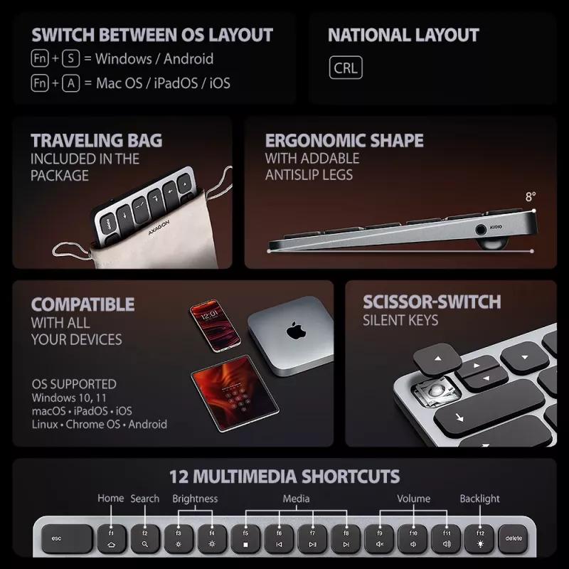 AXAGON HMC-KB-CRL USB 5Gbps centrmezgls ar tastatūru, HDMI 4K/60Hz, 3x USB-A, SD/mSD, audio, PD100, kirilicas izkārtojums