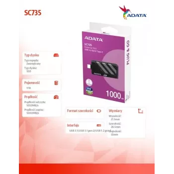 Ārējais SSD disks ADATA 1TB 2.5 collu USB 3.2 Gen 2 Type-C SC735