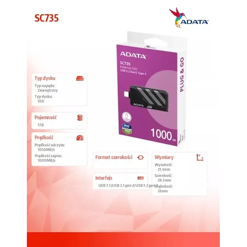ADATA SC735 1 TB ārējais SSD, USB 3.2 Gen 2 (U3.2C), pelēks