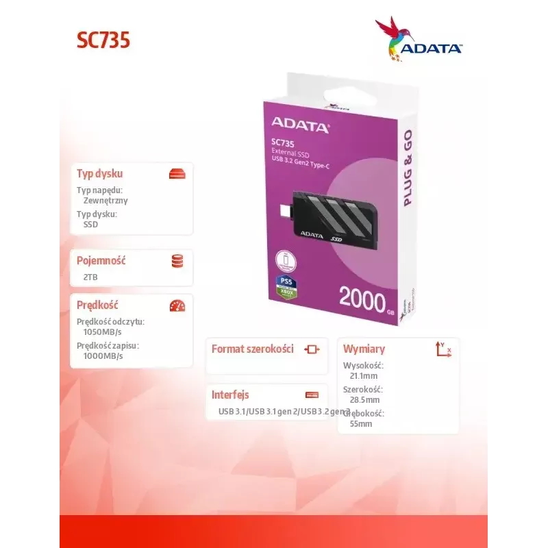 ADATA SC735 2TB ārējais SSD disks, USB 3.2, pelēks