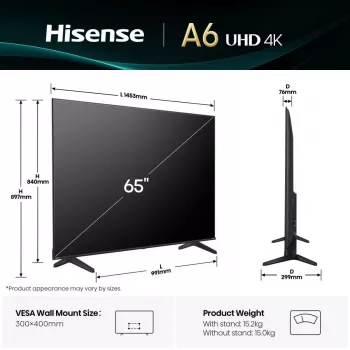 Hisense 65A6Q televizors 165,1 cm (65 collas) 4K Ultra HD Smart TV Wi-Fi Melns 330 cd/m²