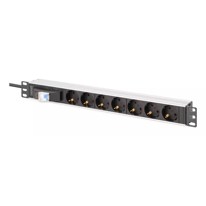 DIGITUS DN-95439 19 collu 1U alumīnija PDU statnei, 7x Schuko ligzdas, automātslēdzis, 16 A, 4000 W, 230 V, 50/60 Hz, 1,8 m vads
