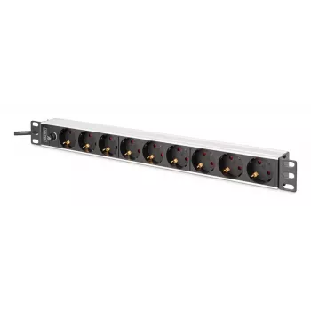 DIGITUS PDU - 1U alumīnija rāmis 8x CEE 7/7 kontaktligzda 1x kontaktligzda 10A Spraudnis 250VAC 50/60Hz IEC C14 spraudnis ar iebūvētu drošinātāju