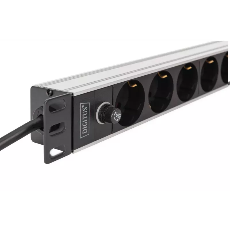 DIGITUS PDU - 1U alumīnija rāmis 8x CEE 7/7 kontaktligzda 1x kontaktligzda 10A Spraudnis 250VAC 50/60Hz IEC C14 spraudnis ar iebūvētu drošinātāju