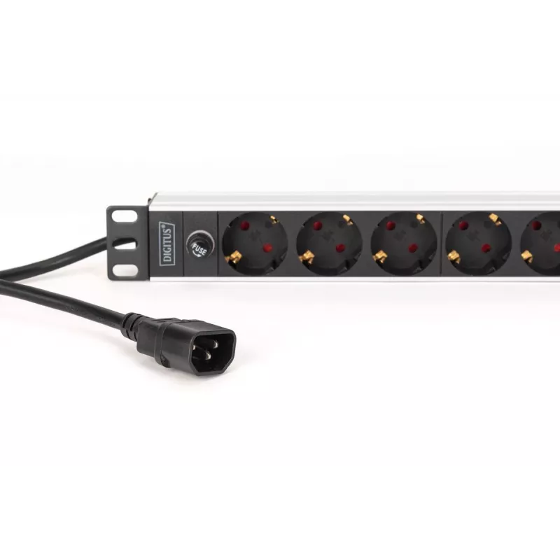 DIGITUS PDU - 1U alumīnija rāmis 8x CEE 7/7 kontaktligzda 1x kontaktligzda 10A Spraudnis 250VAC 50/60Hz IEC C14 spraudnis ar iebūvētu drošinātāju