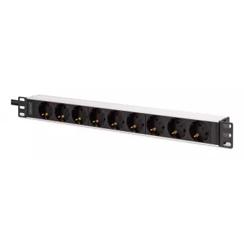 DIGITUS PDU - 1U alumīnija plaukta bloks 8x drošības kontaktligzda 1x kontaktligzda 16A 230VAC 50/60Hz IEC C20 spraudnis
