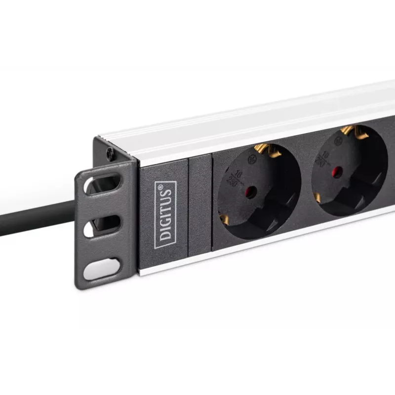 DIGITUS PDU - 1U alumīnija plaukta bloks 8x drošības kontaktligzda 1x kontaktligzda 16A 230VAC 50/60Hz IEC C20 spraudnis
