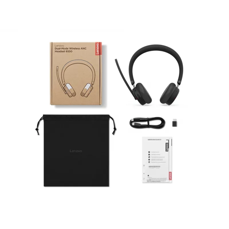 Lenovo 6550 Bezvadu austiņas ar trokšņu slāpēšanu, Microsoft Teams, USB-C, Bluetooth, Melnas