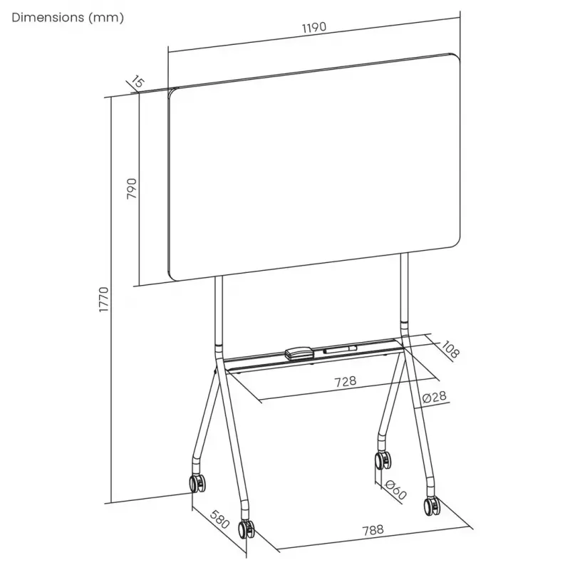 Balta tāfele ergo office ER-306, sausās dzēšanas, vienpusēja, horizontāla, 1190×790 mm, brīvi stāvoša tērauda ar ritentiņiem, magnētiska