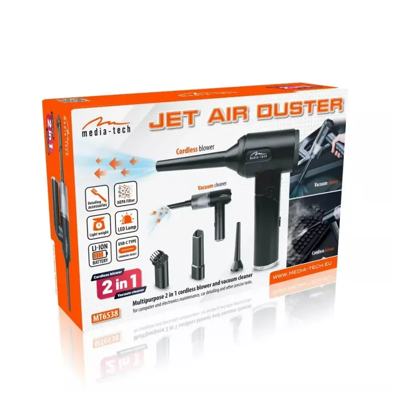Mini pūtējs MEDIA-TECH MT6538 2 IN 1 Jet Air Duster — bezvadu rokas tīrītājs, 2000 mAh, 65 W, 2500 l/min, 7000 Pa