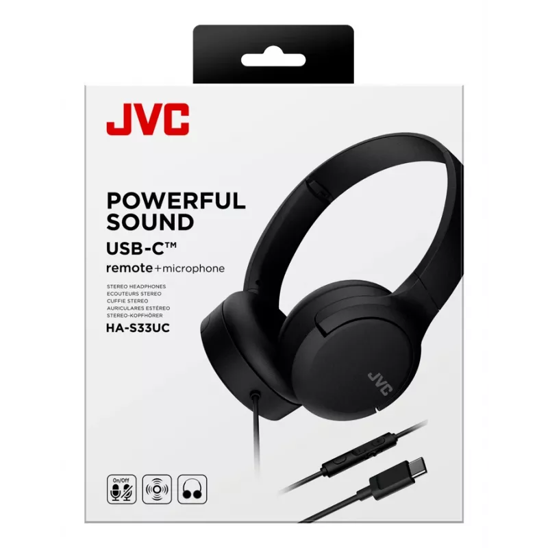 Austiņas JVC HA-S33UC vadu galvas saite, 2 draiveri 29.7 mm, 20–20000 Hz, 1.2 m kabelis, iebūvēts mikrofons, melna
