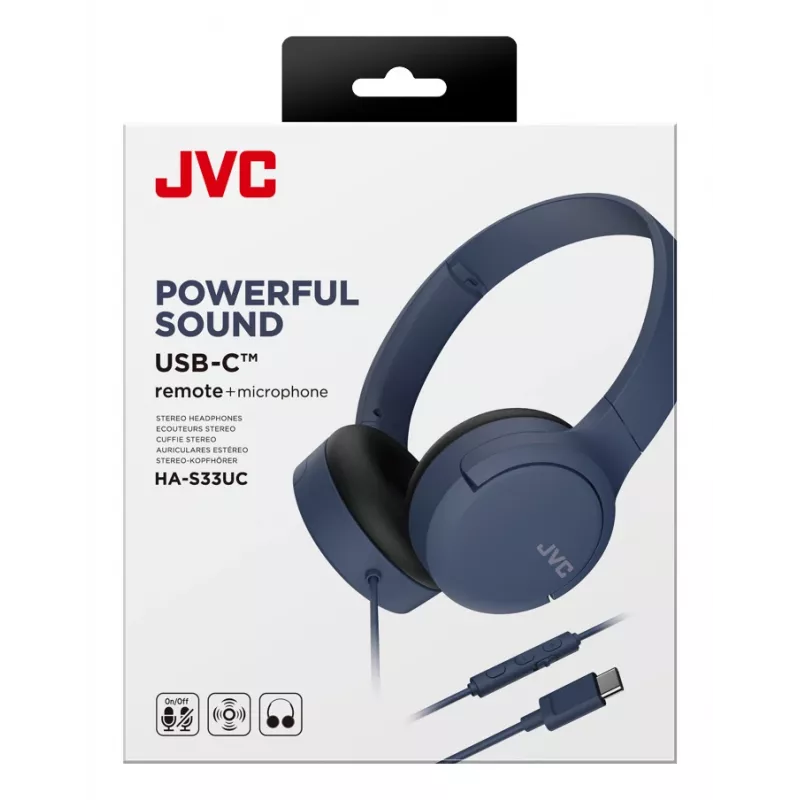 Austiņas JVC HA-S33UCAU vadu binaurālas galvas saite USB-C, 2 draiveri 2.97 cm, 20–20000 Hz, kabelis 1.2 m, zila