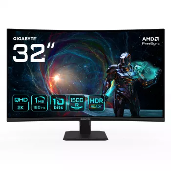 GIGABYTE GS32QCA 31.5 collu QHD izliekts spēļu monitors - 2560 x 1440, 180Hz, 1ms, 250 cd/m², FreeSync, HDR Ready, HDMI 2.0, Displayport 1.4