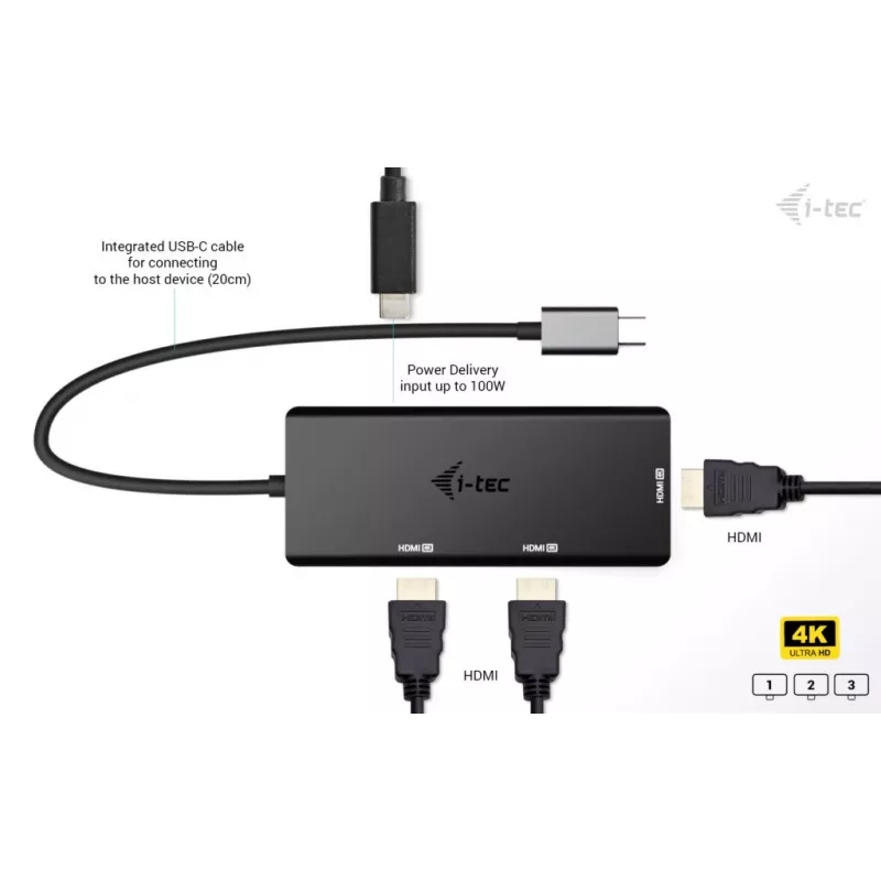 i-tec USB-C Triple 4K HDMI Video Adapter, Power Delivery 100W