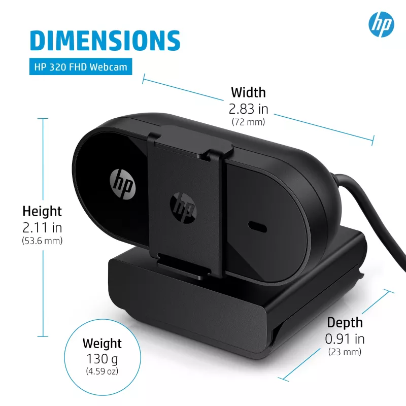 HP 320 FHD tīmekļa kamera, 1920 x 1080 pikseļi, Full HD, 30 kadri/s, mājas lietošanai, USB, melna