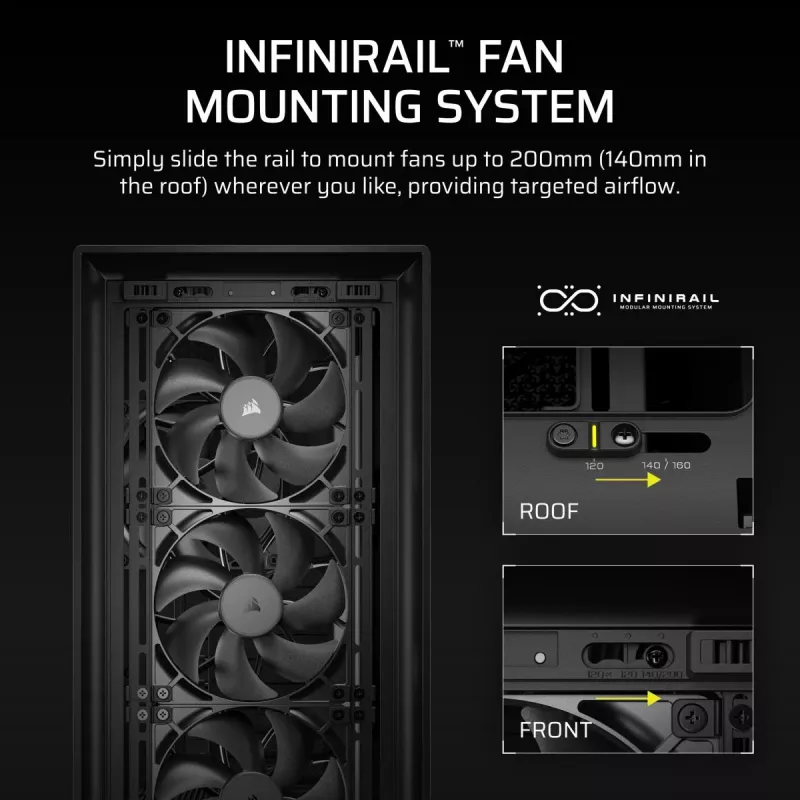 PC korpuss CORSAIR FRAME 5000D RS — Melns, ATX/EATX atbalsts, 3x140 mm priekšējie ventilatori, rūdīts stikls, 250×556×542 mm