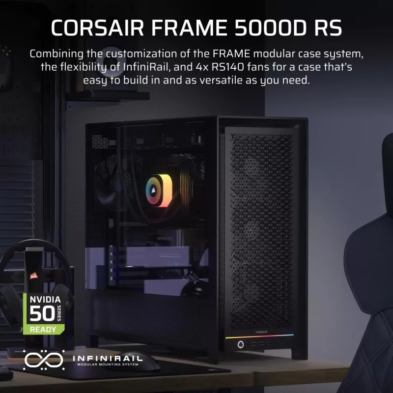 PC korpuss CORSAIR FRAME 5000D RS — Melns, ATX/EATX atbalsts, 3x140 mm priekšējie ventilatori, rūdīts stikls, 250×556×542 mm