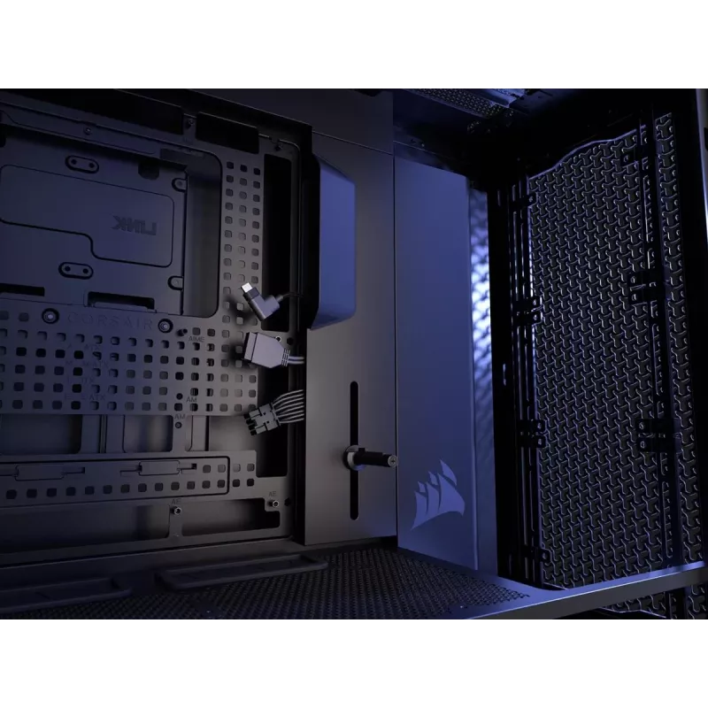 PC korpuss CORSAIR FRAME 5000D RS — Melns, ATX/EATX atbalsts, 3x140 mm priekšējie ventilatori, rūdīts stikls, 250×556×542 mm