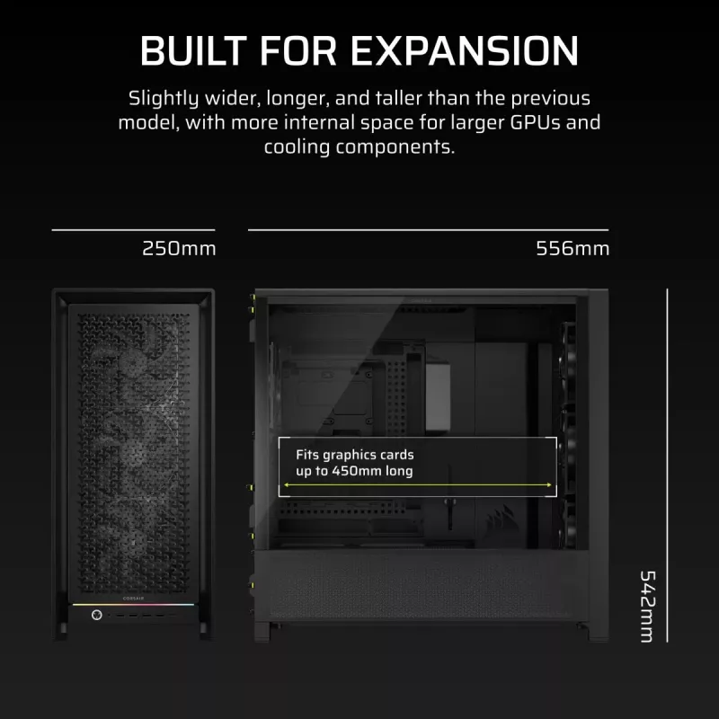 PC korpuss CORSAIR FRAME 5000D RS — Melns, ATX/EATX atbalsts, 3x140 mm priekšējie ventilatori, rūdīts stikls, 250×556×542 mm