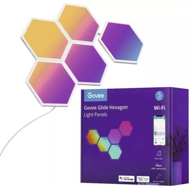 Govee B6061 LED gaismas paneļi 5 gab. RGB krāsu maiņa — modulāra sienas apgaismojuma sistēma