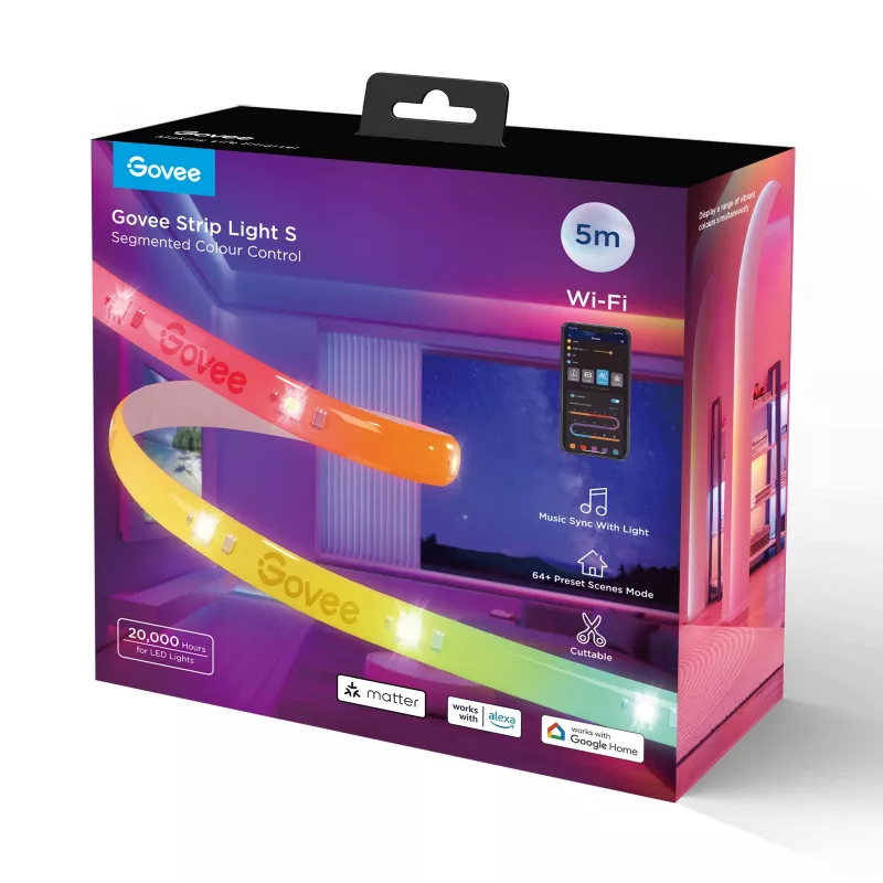 Govee Strip Light S viedā LED lente 5m — Wi‑Fi/Bluetooth, RGBIC, 5000 mm, balta