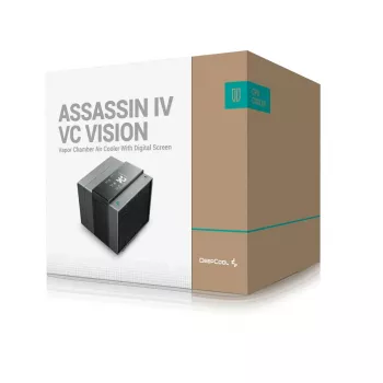 Gaisa dzesētājs DeepCool ASSASSIN IV VC VISION — divi ventilatori 120/140 mm, 300 W TDP, 7 siltuma caurules, LGA115x/LGA1200/LGA1700/LGA20xx saderīgs, Melns
