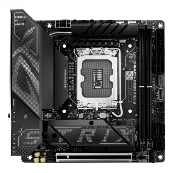 Mātesplate ASUS ROG STRIX B860-I GAMING WIFI — Intel B860, LGA 1851, mini ITX, 2× DDR5 DIMM (līdz 128 GB), Wi‑Fi 7, 2.5Gb LAN