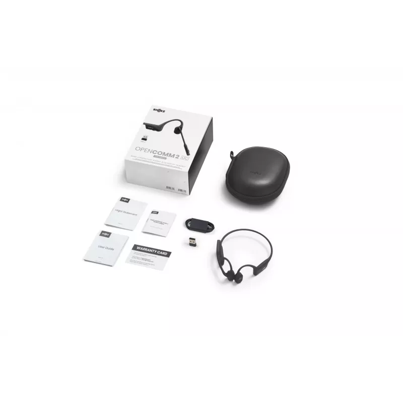 Austiņas Shokz OpenComm2 UC 2025 — bezvadu kaula vadības auss āķa austiņas, 16 h sarunu laiks, USB Type-A/Type-C, ANC, 29 m diapazons, melna