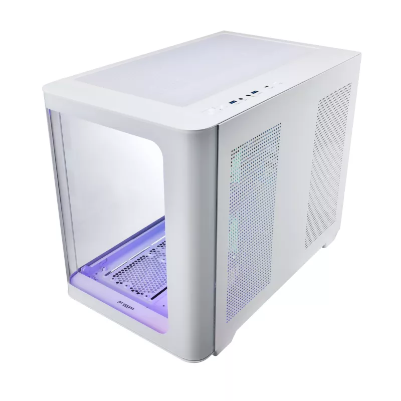 FSP S380-WA korpuss Mini Tower mITX, mATX Balts ARGB, Mikro Tornis, PC, Balts, micro ATX, Mini-ITX, SPCC, Rūdīts stikls, Gaming