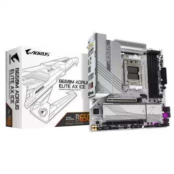 Mātesplate GIGABYTE B650M AORUS ELITE AX ICE — AMD Ryzen 9000 sērijai, 12+2+2 fāžu VRM, līdz 8000MHz DDR5 (OC), 1xPCIe 5.0 + 1xPCIe 4.0 M.2, 2.5GbE LAN, WIFI 6E, USB 3.2 Gen 2x2
