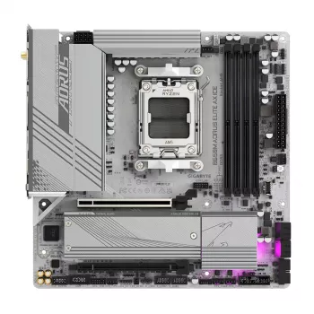 Mātesplate GIGABYTE B650M AORUS ELITE AX ICE — AMD Ryzen 9000 sērijai, 12+2+2 fāžu VRM, līdz 8000MHz DDR5 (OC), 1xPCIe 5.0 + 1xPCIe 4.0 M.2, 2.5GbE LAN, WIFI 6E, USB 3.2 Gen 2x2