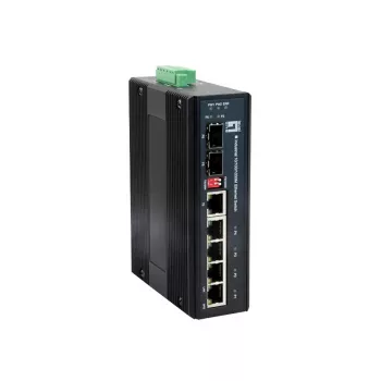 LevelOne IES-0600 6-Portu Gigabit rūpnieciskais slēdzis, 1 x SFP, 1 x SFP/RJ45 Combo, -40°C līdz 75°C, DIN-sliedei