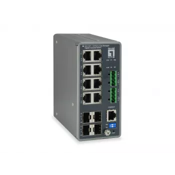 LevelOne TURING 12-Portu L3 Lite pārvaldāms rūpnieciskais Gigabit slēdzis, 4 x SFP, DIN-sliedes, -40°C līdz 75°C