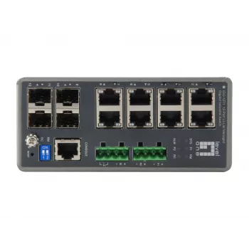 LevelOne TURING 12-Portu L3 Lite pārvaldāms rūpnieciskais Gigabit slēdzis, 4 x SFP, DIN-sliedes, -40°C līdz 75°C