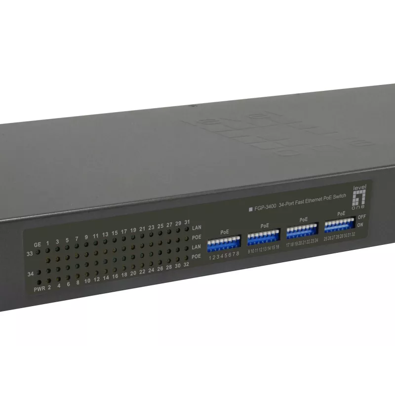 LevelOne 34-Portu Fast Ethernet PoE Slēdzis, 802.3at/af PoE, 32 PoE Porti, 2 x Gigabit RJ45, 250W