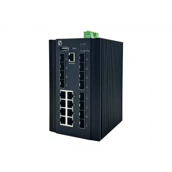 LevelOne 20-Port L2 Plus Pārvaldīts Rūpnieciskais Slēdzis, 8 x 1GbE RJ45, 8 x 1GbE SFP, 4 x 1/2.5GbE SFP, DIN-Sliede, -40°C līdz 80°C